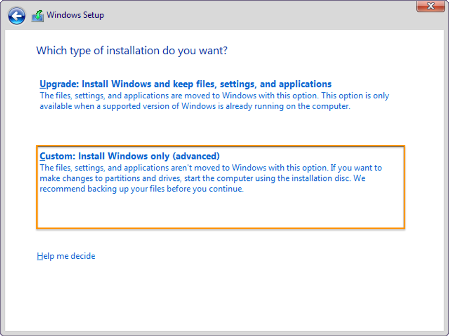 Windows - Choose installation type