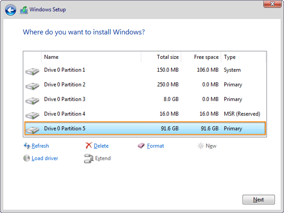 Windows - Install on newly-created partition