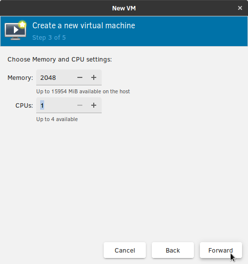 New VM Choose Memory and CPU settings dialog box