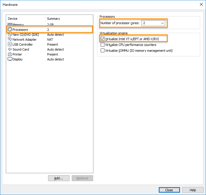 VMware Workstation Player - Set virtualization engine option