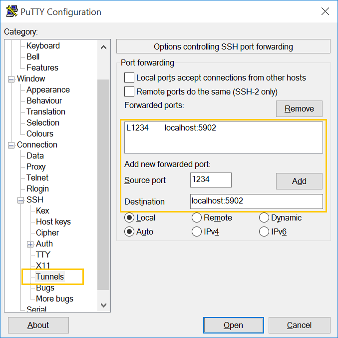 Putty - configure SSH tunnel