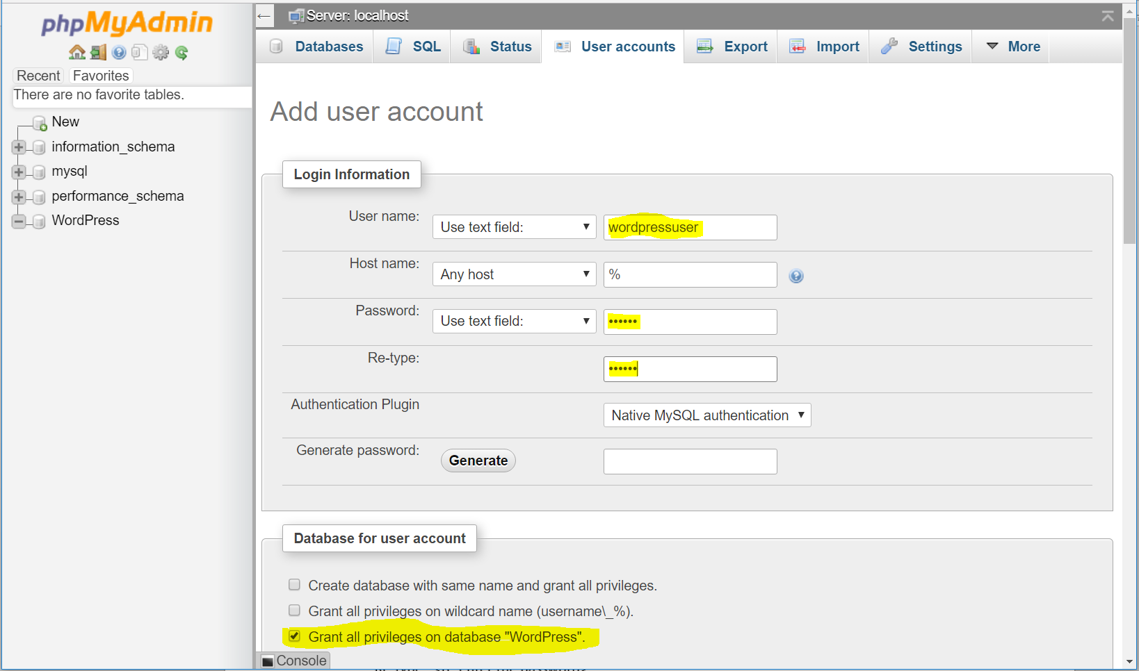 User accounts tab